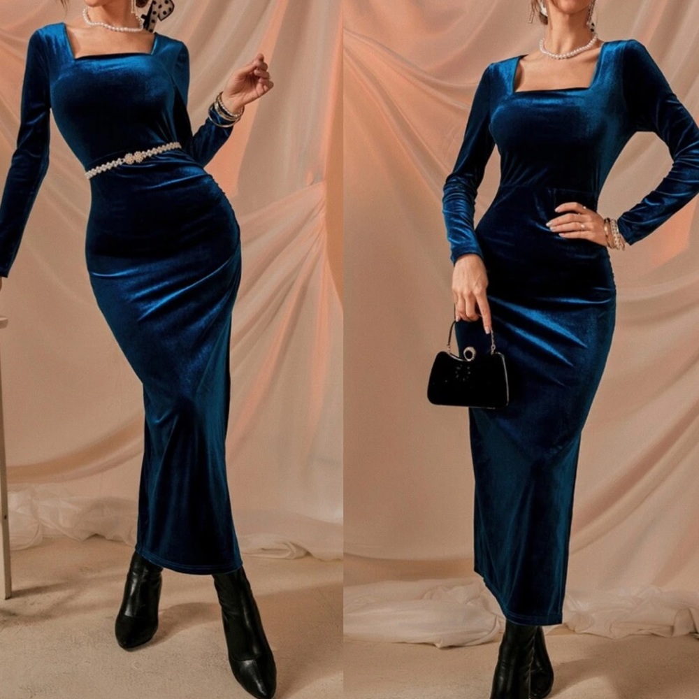 Velvet square neck split thigh maxi dress - Picture 4 of 7